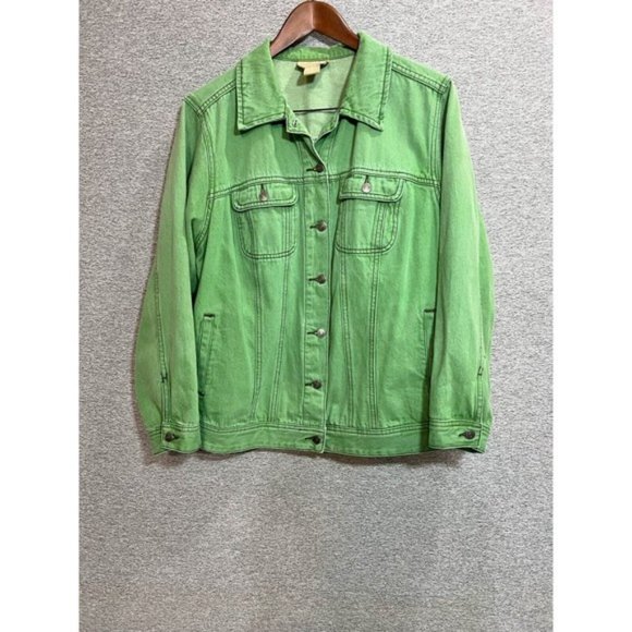 Cotton Ginny Jean Jacket Women Small Pocket Denim Button Up Long Sleeve Green - Picture 1 of 9